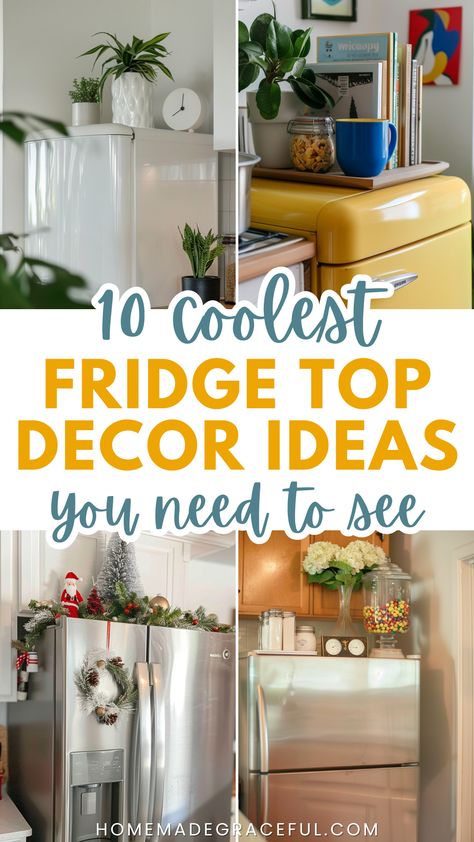 fridge top decor ideas Small Fridge Storage Ideas, Top Of Fridge Cabinet Ideas, Over The Fridge Storage Diy, Refrigerator Picture Display, Space On Top Of Fridge, Top Of The Fridge Storage, How To Decorate Top Of Fridge, Cupboards Above Fridge, Decor For Top Of Fridge