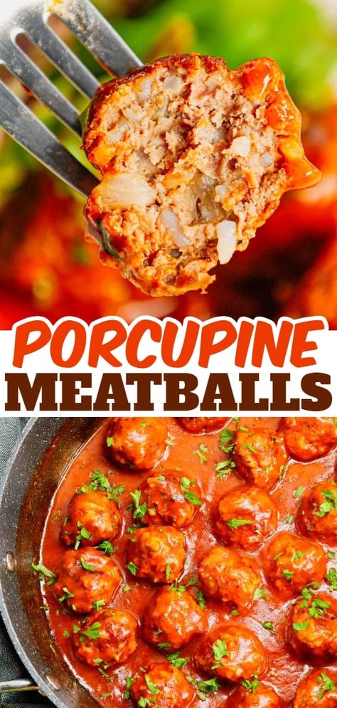 Porcupine Meatballs are delicious meatballs made with ground beef, Minute rice and diced onions all in a flavourful sauce made with condensed tomato soup, Worcestershire sauce and Italian seasoning. Porcupine Meatballs Oven, Porcupine Meatballs Crockpot, Porcupine Meatballs Tomato Soup, Porcupine Meatballs With Tomato Soup, Quick Meatloaf, Porcupine Meatballs Recipe, Delicious Meatballs, Meatball Stew, Cranberry Meatballs