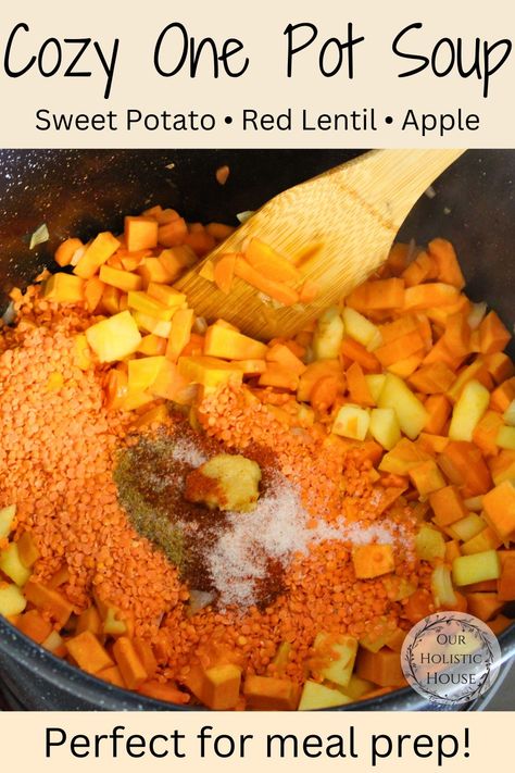 This red lentil sweet potato soup is the perfect quick and healthy meal. Plus, being a one-pot recipe, it makes cleaning up after dinner a breeze! Packed with sweet potatoes, carrots, red lentils, and with a hint of apple, this soup is the perfect blend of sweet and savory flavors that are sure to become a staple recipe in your collection! Sweet Potato Red Lentil Soup, Lentils Sweet Potato Recipe, Lentil Sweet Potato Soup, Red Lentil Sweet Potato, Lentil Sweet Potato, Sweet Potato Lentil Soup, Sweet Potato Apple, Apple Soup, Sweet Potato And Apple