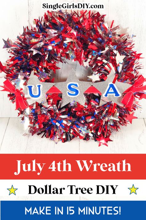 red white and blue wreath on white door Dollar Tree 4th Of July Wreath, Diy Fourth Of July Wreath, Inexpensive Wreaths, Patriotic Flowers, 4th July Crafts, July Wreath, Diy Wreaths, Origami Design, July Crafts