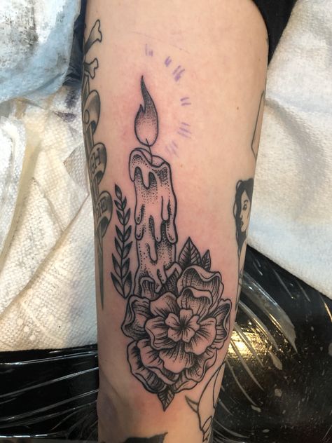 Candle flower tattoo for my daughter Candle With Flowers Tattoo, Melting Candle Tattoo, Tattoo For My Daughter, Candle Opera, Wind Tattoo, Dark Fantasy Book, Remembrance Candle, Holding Candle, Candle Flower