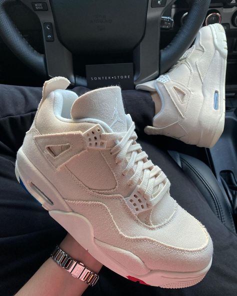 Air Jordan 4 Sail Canvas, Air Jordan 4 White With Air Cushioning For Sports, Luxury White Air Jordan 4, White High-top Air Jordan 4 With Air Cushioning, Luxury White Lace-up Air Jordan 4, White High-top Air Jordan 4 Synthetic, Jordan 4s, Jordan Shoes Girls, Shoes Outfit Fashion