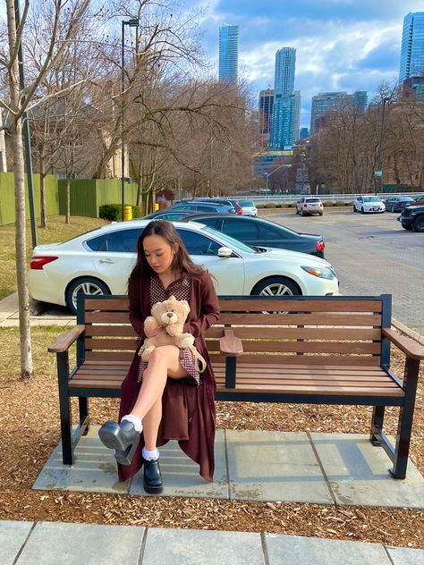 Teddy bear backpack + brown cardigan + polkadot dress + platforms Teddy Backpack, Teddy Bear Backpack, Bear Backpack, Backpack Outfit, Brown Cardigan, Hijab Fashion Inspiration, Brown Bear, Polka Dot Dress, Hijab Fashion