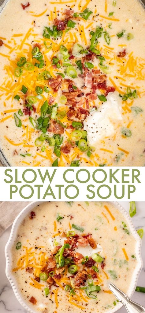 An amazing and EASY Crockpot Potato Soup recipe! The soup is creamy and chunky and so flavorful! It’s that perfect bowl of creamy soup for any occasion. Potatoe Bacon Soup Recipe Crockpot, Easy Potato Soup Crock Pot Slow Cooker, Creamy Baked Potato Soup Crock Pot, Slow Cooker Cream Of Potato Soup, Best Slow Cooker Potato Soup, Potato Soup In Slow Cooker, Slow Cooked Potato Soup, Best Crockpot Baked Potato Soup, Crock Pot Recipes Potato Soup