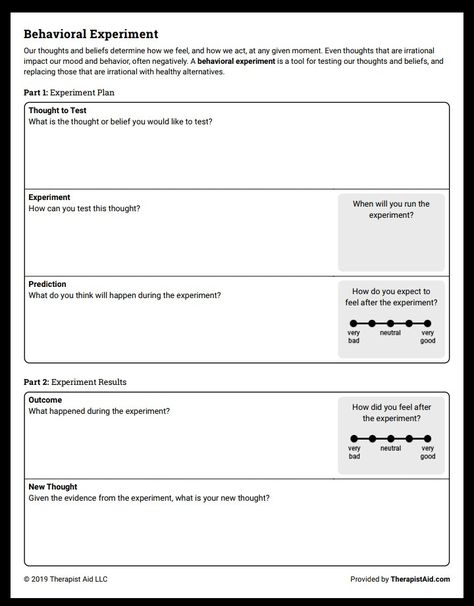 Behavioral Experiment Our thoughts and beliefs determine how we feel, and how we act, at any given moment. Even thoughts that are irrational, or lack evidence, impact our mood and behavior. A behavioral experiment is a CBT tool for testing our thoughts and beliefs, and replacing those that are irrational and harmful with healthy alternatives. What makes behavioral experiments so powerful is that we get to challenge our thoughts in the real world, as opposed to just hypothetically. Schema Therapy, Healing Circle, Mind Journal, Brand Manifesto, Psychology Notes, Emotional Growth, Impulsive Behavior, Health Psychology, Therapeutic Activities