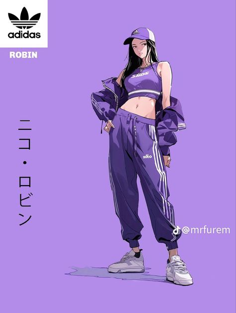 Anime Streetwear Outfit, Adidas Illustration, One Piece Streetwear, Niko Robin, Anime Streetwear, Print Illustration, One Piece Drawing, One Piece Fanart, Dessin Adorable