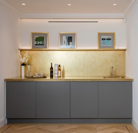 Home Bar at the Top Floor. Brass Splashback and Countertop. Grey fronts Brass Countertop Kitchen, Gold Splashback Kitchen, Brass Splashback Kitchen, Brass Backsplash Kitchen, Brass Backsplash, Brass Splashback, Brass Countertop, Copper Kitchen Backsplash, Kitchen Plinth