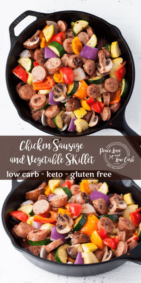 Chicken Sausage and Vegetable Skillet - Low Carb, Paleo | Peace Love and Low Carb #onepan #onepanmeals #keto Whole30 Chicken Sausage Recipes, One Pot Meals Low Carb, Sausage And Vegetable Skillet, Chicken Sausage Recipes Healthy, Vegetable Skillet, Peace Love And Low Carb, Keto Gluten Free, Low Carb Low Fat Recipes, Boiled Egg Diet Plan