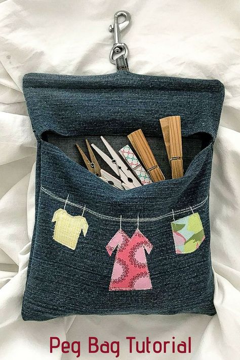 Denim Peg Bag Pattern, recycled old jeans to create a denim peg bag. Denim Peg Bag Tutorial Peg Bag Pattern, Tote Bag Pattern Free, Clothespin Bag, Peg Bag, Bag Tutorial, Leftover Fabric, Bags Tutorial, Sewing Projects For Beginners, Easy Sewing Projects