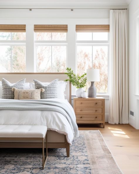 Calm, neutral bedrooms are where dreams are made ✨ Clean Simple Master Bedrooms, Neutral Home Design Ideas, Calm Master Bedrooms Decor, Bright Master Bedrooms Decor, Neutral Bedroom With Blue Accents, Warm Transitional Bedroom, Simple Master Room Design, Moody Neutral Bedroom, Natural Wood Bedroom Ideas