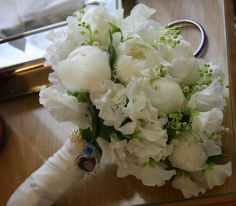 Beautiful Wedding Bouquet Showcasing: White Peonies, White Sweet Pea, White Lily Of The Valley, Greenery White Sweet Pea, Lily Of The Valley Bouquet, Peony Bouquet, Peonies Bouquet, Wedding White, White Peonies, White Lilies, Online Images, Lily Of The Valley