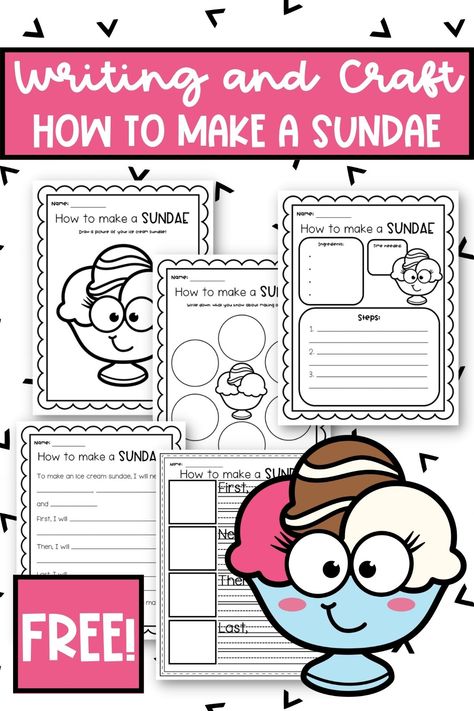 New free narrative writing project and craft on the blog today! Students will write all about how to make an ice cream sundae! Fun! narrative writing for kids, first grade writing, second grade writing, writing projects, free writing activities for first grade, ice cream writing project, writing craftivities Write The Room 2nd Grade, How To Writing 1st Grade, Summer Writing Prompts 2nd Grade, Procedure Writing Grade 1, Writing Activities For Second Grade, Grade 4 Writing Activities, Second Grade Writing Activities, How To Writing, 2nd Grade Writing Activities