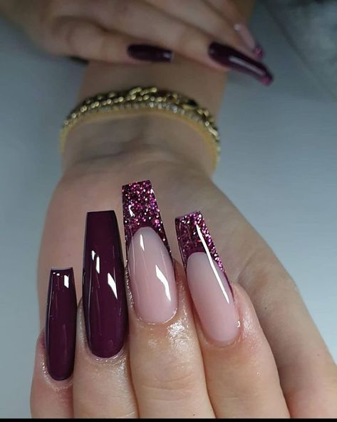 100+ Stylish Nails for Summer 2023 | Best Nails Coffins Maroon Nail Designs, Burgundy Acrylic Nails, Purple Acrylic Nails, Maroon Nails, Her Nails, Shiny Nails, Long Square Acrylic Nails, White Nail, Coffin Nails Designs