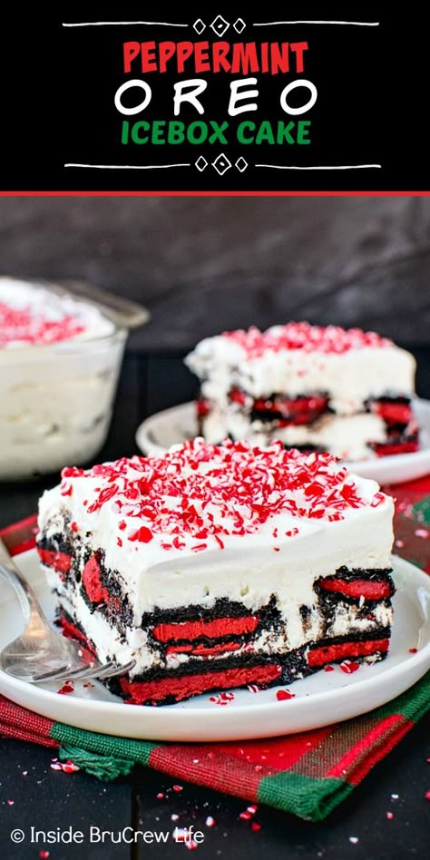 Two white plates with squares of peppermint oreo icebox cake topped with whipped cream and peppermint candies on a holiday towel Peppermint Icebox Cake, Peppermint Oreo Icebox Cake, Oreo Christmas Cake, Christmas Icebox Cake, Christmas Desserts Impressive, Christmas Box Cake, Yummy Holiday Desserts, No Bake Peppermint Cheesecake, Holiday Dessert Drinks