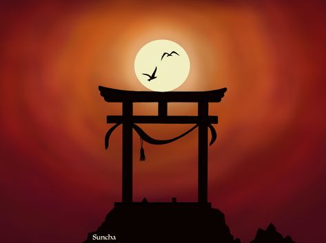 #sunset #sunrise #japan #door #temple #birds #flying Japan Temple Drawing, Sunrise Japan, Sunset Drawing, Temple Drawing, Japan Temple, Japanese Shrine, Paint Inspo, Japanese Temple, Temple Art