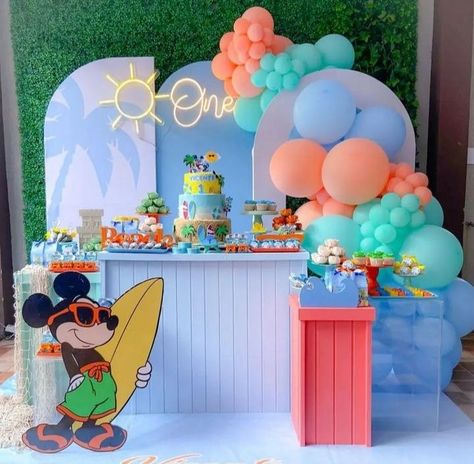 Summer Birthday Themes, Baby Boy Birthday Themes, Mickey Mouse First Birthday, Surf Party, Mickey Birthday Party, Baby Boy 1st Birthday Party, Mickey Mouse Theme, Boy Birthday Party Themes, Pool Birthday