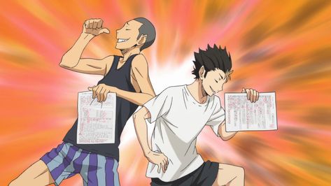 Tanaka, Nishinoya | Haikyuu!! Nishinoya Yuu, Haikyuu Meme, Haikyuu Karasuno, Haikyuu Funny, Haikyuu Manga, Haikyuu Characters, Anime Wall Art, Sports Anime, Fanarts Anime