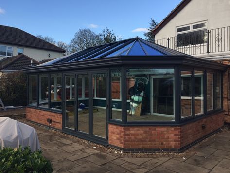 This conservatory was built as a redevelopment project, in order to update a customers old rosewood conservatory with something more modern. #Conservatory #conservatories #AnthraciteGrey #Anthracite #Grey #BasfordsEffect Anthracite Conservatory, Modern Conservatory, Victorian Conservatory, Glass Roof, Planning Permission, Ral Colours, Roofing Materials, House Extensions, Beautiful Lines