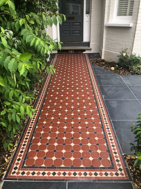 Recent  Victorian Floor Tile project - North London. Bought from our London showroom in Crouch End. Period Home Interiors, Mosaic Pathway, Home Tiles Design, Victorian Mosaic Tile, English Tiles, Geometric Tile Design, Octagon Tile, Front Path, Pathway Ideas