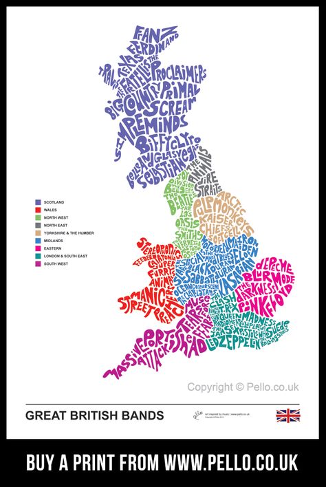 Music Map of Great British Bands - Mappa dei gruppi musicali inglesi, per zona di provenienza - #map #greatbritain #UK #music #rock #pop #newwave #punk #triphop #ska #poster #lettering British Bands, Map Of Britain, Southeast London, Guitar Acoustic, British Music, London Artist, Trip Hop, Musica Rock, British Invasion