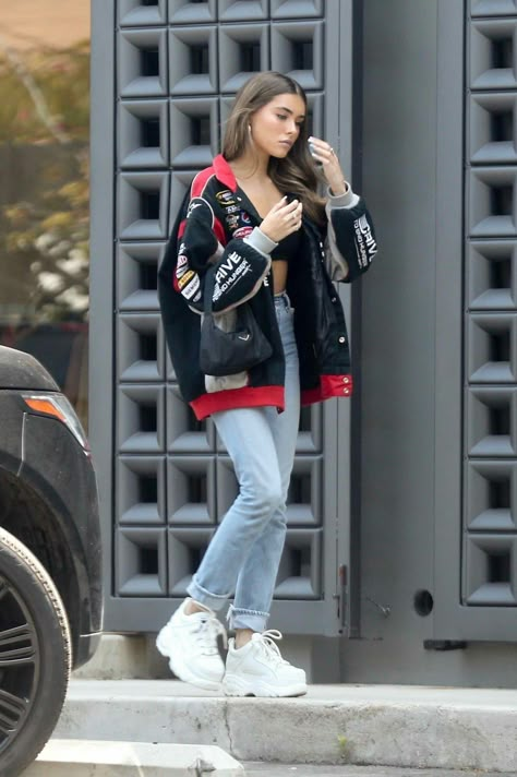 Big Jackets Aesthetic, Lauren Asher Aesthetic, Maya Alatorre, Letterman Jacket Outfit, Baseball Jacket Outfit, Madison Beer Outfits, Lauren Asher, Beer Outfit, Celebrity Casual Outfits