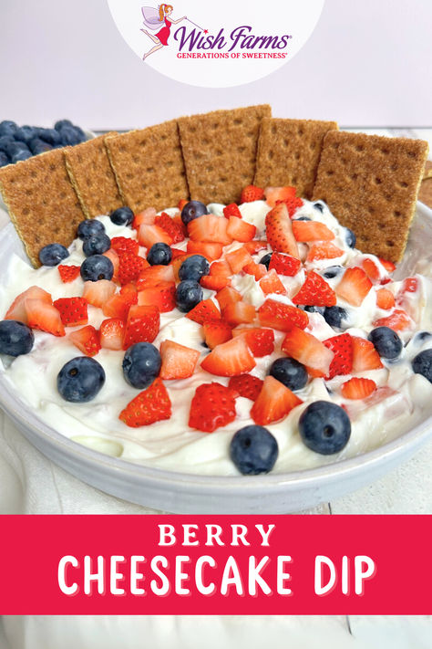 This Berry Cheesecake Dip blends smooth cream cheese and sweet vanilla yogurt for a tangy base. It’s topped with fresh Wish Farms strawberries and blueberries for a burst of flavor in every bite. Pair it with graham crackers or use it as a decadent pancake topping. Easy to make and irresistibly delicious, it’s also a perfect after-school snack! After School Desserts, Deserts With Cream Cheese, Berry Dessert Recipes, Strawberries And Blueberries, Desert Ideas, Pancake Toppings, Cheesecake Dip, Berry Cheesecake, Berry Dessert