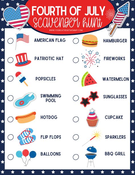 Fourth Of July Party For Kids, Patriotic Scavenger Hunt, Fourth Of July Scavenger Hunt, 4th Of July Summer Camp Activities, Fourth Of July Decor Ideas, 4th Of July School Activities, Indoor 4th Of July Activities, 4th Of July Games For Kids, Fourth Of July Activities For Kids