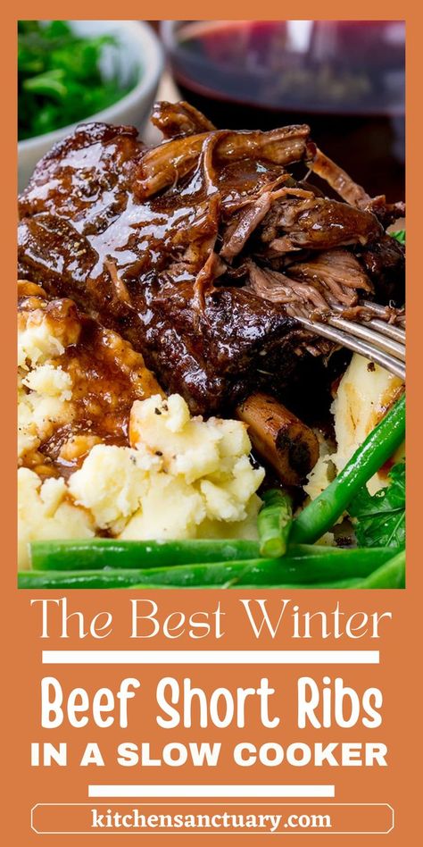 The Best Winter Beef Short Ribs in a Slow Cooker are tender & flavorful. With rich red wine, savory beef stock, and aromatic herbs, this dish becomes a comforting classic. Paired with creamy mashed potatoes and a rich homemade gravy, it’s a must-try for meat lovers. Easy, hearty, and packed with flavor—this recipe is ideal for a hearty winter meal. Short Rib Stew Slow Cooker, Short Rib Ragu Slow Cooker, Slow Cooker Beef Christmas, Short Rib Pot Pie, Beef Short Rib Crockpot Recipes, Crock Pot Boneless Short Ribs, Red Wine Braised Beef Short Ribs, Winter Crock Pot Meals, Crockpot Short Ribs Slow Cooker