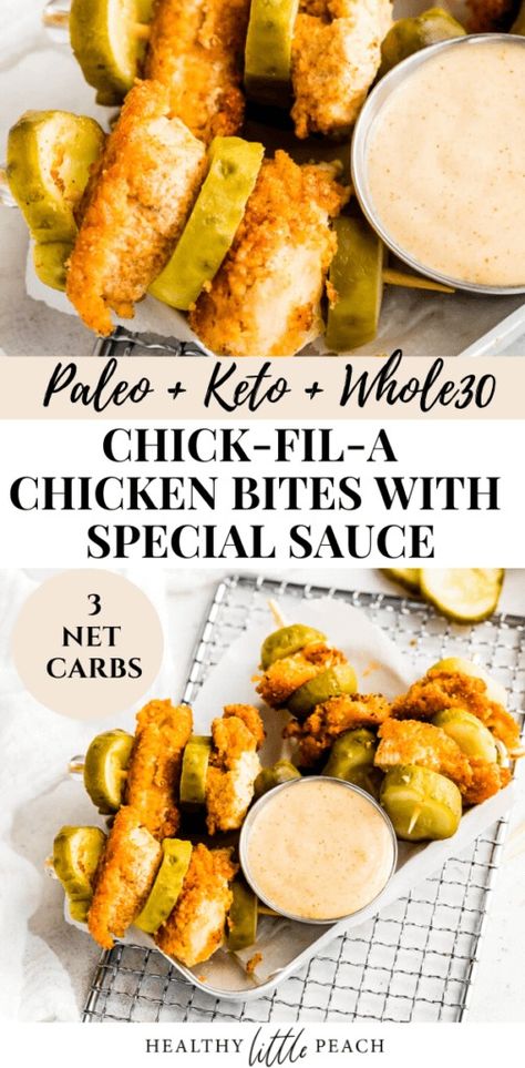 The BEST Chick-fil-A Bites that taste identical to the real thing. To top it off, this Special Sauce is LIFE. Not only are these bites kid friendly, but they are also Whole30, Keto and Gluten Free. Keto And Gluten Free, Chick Fil A Sauce, Whole30 Keto, Chicken Chunks, Pickle Slices, Special Sauce, Keto Lunch, Chicken Bites, Pickle Relish