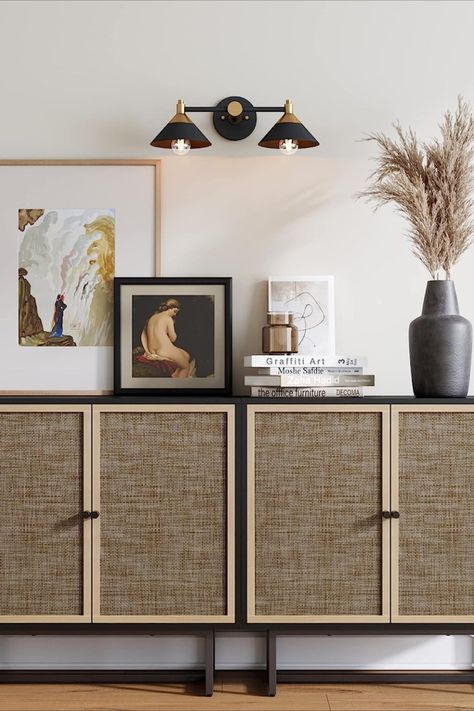 Natural Cabinets, Plywood Ceiling, Rattan Console, Living Room Styling, House Renovation Ideas, Vacation Apartment, Room Styling, Accent Storage, Natural Palette