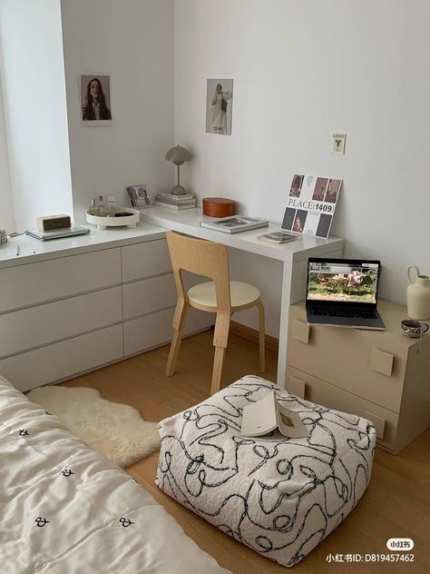 Long Table Bedroom, Vanity Table Ideas Small Room, Double Desk Bedroom, Study Room Inspiration Small Spaces, Ikea Study Room Ideas, Small Room Vanity, Desks With Storage, Built In Dressing Table, Small Bedroom Hacks