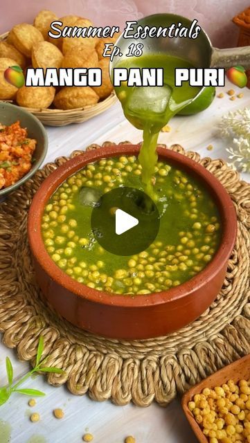 Harshita Choudhary on Instagram: "SUMMER ESSENTIALS  Ep. 18❄️🧊 Mango Pani Puri🥭😋 . Ingredients- 🔺1 Raw Mango/ kacchi kairi  🔺25-30 Mint leaves/ pudina k patte 🔺Handful of Coriander leaves/ dhaniya 🔺4 Green chillies/ hari mirch  🔺1 inch Ginger/ adhrak 🔺Chilled water 🔺1/2tsp Black salt/ kala namak 🔺Regular salt 🔺1/2tsp Roasted cumin powder/ Bhuna hua jeera powder 🔺1/2tsp Black pepper powder/ Kali mirch 🔺1/2tsp Chaat masala 🔺Pinch of asafoetida/ Hing 🔺Boondi 🔺Ice cubes  You’ll need to adjust the quantities of spices according to your taste buds and the quantity you are making.  Alternatively, you can use readymade pani puri masala which is easily available in the market.  . Keep following @yummy_tummy25 for more such recipes. . . {pani puri, gol gappe, street food, pani puri Golgappa Serving Ideas, Pani Puri Table Setup, Mango Pani Puri, Pani Puri Pani Recipe, Pani Puri Aesthetic, Gol Gappe Recipe, Diwali Punjabi, Food Pani Puri, Gol Gappe