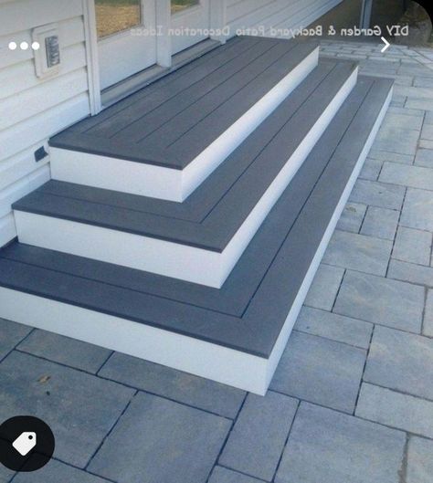 Composite Steps To Patio, Trex Front Porch Steps, Composite Stairs To Patio, Composite Steps To Concrete Patio, Back Door Stairs To Patio, Trex Stairs To Patio, Cement Front Steps Makeover, Diy Front Steps, Small Front Steps Ideas