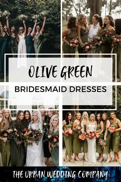 4 different images with bridesmaids in olive green dresses Dark Olive Bridesmaids Dress, Shades Of Olive Green Bridesmaid Dresses, Olive Green Wedding Theme Color Schemes Bridesmaid Dresses, Olive Green Bridesmaid Dresses Fall, Dark Olive Wedding Colors, Deep Olive Bridesmaid Dresses, Army Green Bridesmaid Dresses, Dark Olive Bridesmaid Dresses, Olive Green Bridesmaid Dress Mismatched