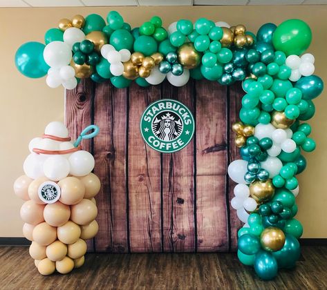 Starbucks Balloon Arch, Starbucks Birthday Backdrop, Starbucks Balloon Garland, Starbucks Balloon Decorations, Starbucks Balloons, Starbucks Baby Shower Ideas, Starbucks Party Decorations, Starbucks Theme Party, Starbucks Party Ideas