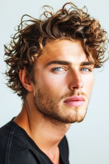 Tousled Curly Top with Side Fringe Medium-Length Hairstyle For Men. Fringe Curly Hair Men, Medium Length Hair Men Curly, C2 Hair, Type 2b Hair, Curly Hair Side Part, Medium Length Hairstyle, Guy Hair, Undercut Long Hair, Perfect Guy