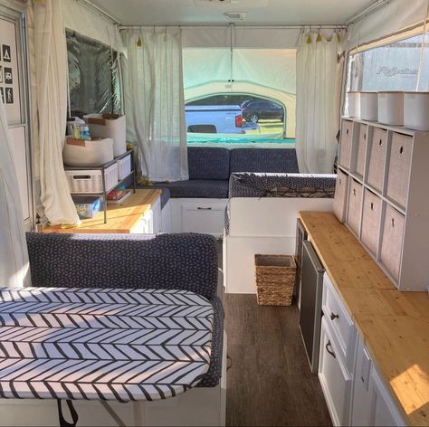 Pop Up Camper Clothes Storage, Pop Up Camper Shelving Ideas, Kim K Home, Pop Up Camper Storage Ideas, Pop Up Camper Storage, Camper Storage Ideas, Apache Camper, Tent Trailer Remodel, Camper Inspiration