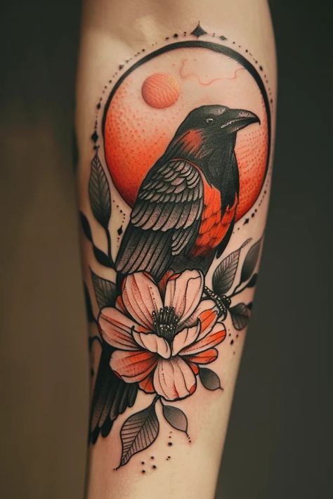 Victorian Style Tattoo Sleeve, Neo Traditional Bird, Crow Flower Tattoo, Raven With Flowers Tattoo, Rosey Maple Moth Tattoos, Raven Floral Tattoo, Spooky Floral Tattoo, Witchy Neotraditional Tattoo, Crow Floral Tattoo