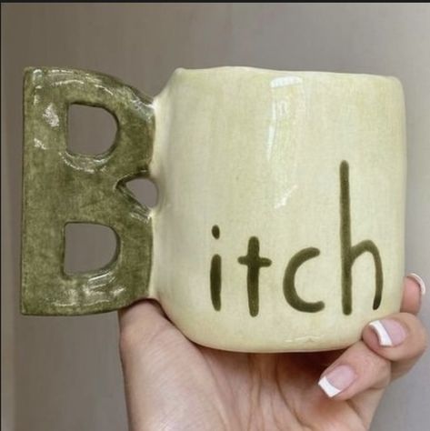 Cool Pottery Mugs, Emo Pottery, Funny Ceramics Ideas, Clay Mug Ideas Design, Silly Mugs, Clay Cup Ideas, Things To Make With Air Dry Clay, Pottery Quotes, Weird Mugs