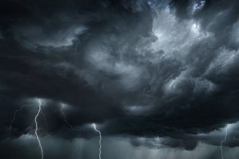 Thunderous dark sky with black clouds and flashing lightning. Panoramic view. Concept on the theme of weather, natural disasters, storms, typhoons, tornadoes, thunderstorms, lightning, lightning. Thunder And Lighting, Thunderstorm Clouds, Lightning Photos, Lighting Storms, Lightning Cloud, Scary Houses, Black Thunder, Black Clouds, Thunder And Lightning