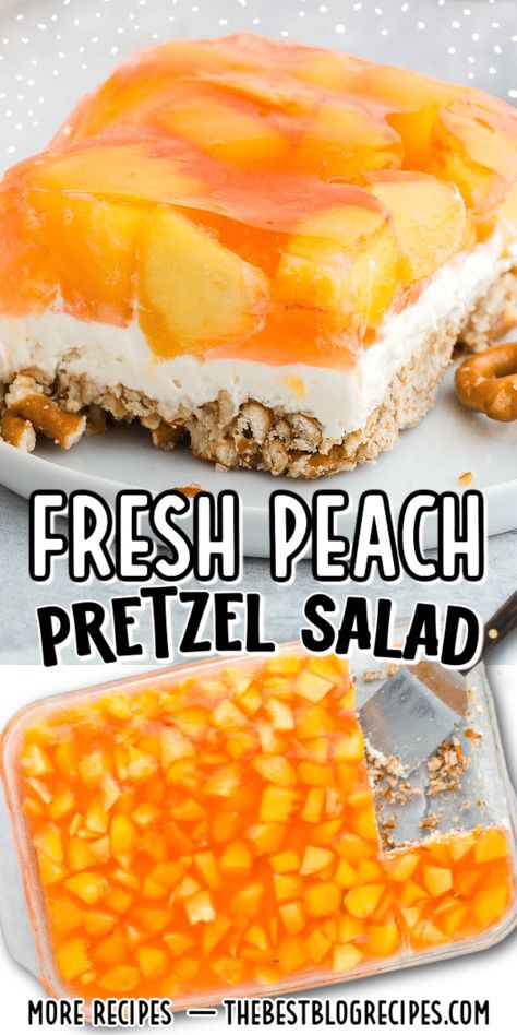 Peach Pretzel Salad Dessert, Peach Pie Filling Fruit Salad, Fresh Peach Salad Recipes, Peach Pretzel Salad, Pretzel Desert, Pretzel Salads, Pretzel Jello, Peach Jello, Salty Desserts