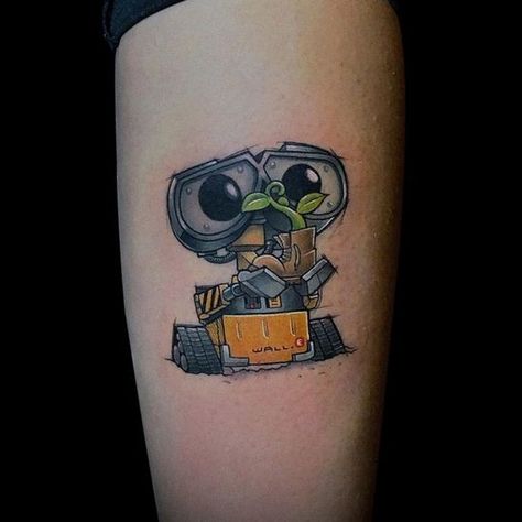 Cute Arm Cover Up Tattoos For Women, Walle Disney Tattoo, Wall E Tattoo Disney, Cool Disney Tattoos, Disney Up Tattoo, Cartoon Tattoos Sleeve, Disney Leg Sleeve Tattoo, Up Tattoo Disney, Up Movie Tattoo