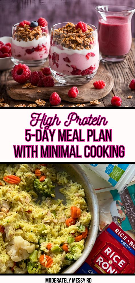 A 5-day high protein meal plan for the people who don't love to cook or don't have much time to! Each day provides at least 100 grams of protein per day designed with meals that require little to no cooking. Even using some processed foods, these options are much healthier than takeout and will ensure you meet a higher overall protein intake as well! No Cook High Protein Meals, 90 Grams Of Protein Meal Plan, 160 Grams Of Protein A Day, 100 Grams Of Protein A Day Meal Plan, 40 Grams Of Protein Meals, High Protein Low Carb Meal Prep, 100 Grams Of Protein, Microbiome Recipes, Protein A Day