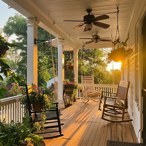 Cozy porch setting with vintage bicycle, rocking chair, and green plants in rustic pots. Ideal spot for relaxation and enjoying the outdoors. Porch With Rocking Chairs, Porch Aesthetic, House Porch, Sun Porch, House With Porch, Golden Sun, Rocking Chairs, Lush Garden, Porch Decor