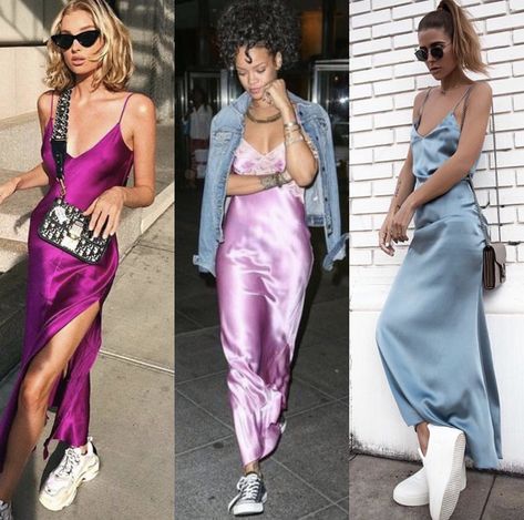 Purple Silk Dress Outfit, Satin Dress With Sneakers Outfit, Satin Dress Sneakers Outfit, Silk Dress With Sneakers, Satin Dress With Sneakers, Slip Dress Street Style, Satin Dress Outfit, 30th Birthday Outfit, Silk Dresses Outfit