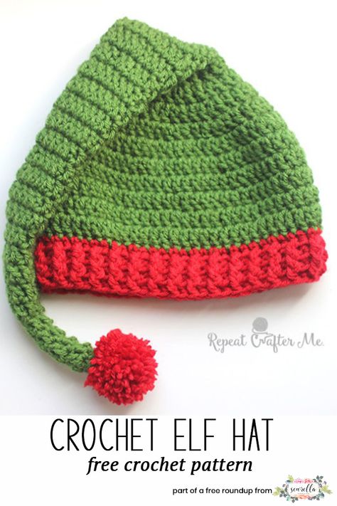 Crochet these christmas elf santa hats from Repeat Crafter Me from my last minute christmas free pattern roundup! Crochet Elf Hat Pattern, Crochet Elf Hat, Crochet Elf, Crochet Christmas Hats, Crochet Stocking, Repeat Crafter Me, شال كروشيه, Mode Crochet, Cap Patterns