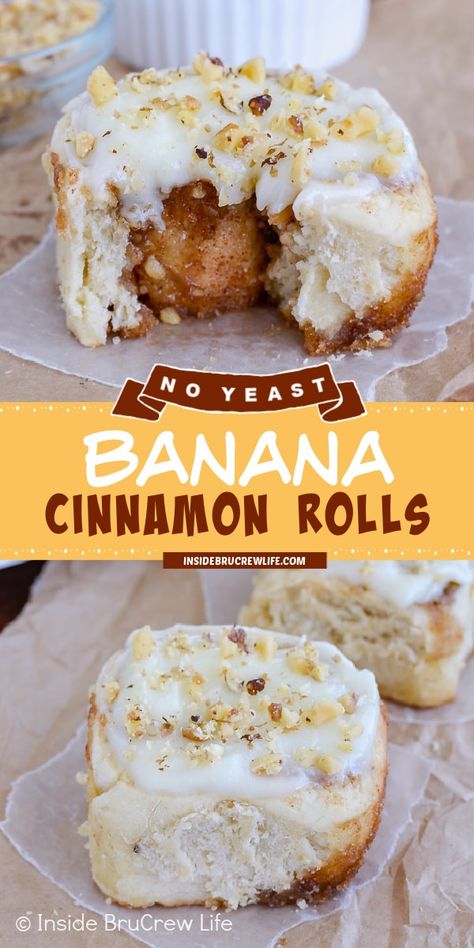 Banana Cinnamon Rolls - these homemade cinnamon rolls are made with banana, cinnamon, and nuts. The cinnamon roll recipe can be made in under an hour. Great for breakfast or brunch! Banana Nut Cinnamon Rolls, Cinnamon Roll Banana Cake, Cinnamon Rolls Recipe No Yeast, Rolls Recipe No Yeast, Banana Cinnamon Rolls, All The Healthy Things, Desert Tables, Edible Ideas, Rolls Homemade