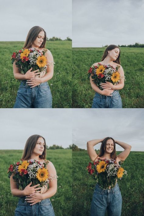 Fall Flower Top Photoshoot, Flower Bouquet Shirt Photoshoot, Flowers Tucked In Pants Photoshoot, Flower Too Photo Shoot, Flower Top Photoshoot Poses, Flower Photoshoot Outside, Flower Pants Photoshoot, Flowers In Jeans Photography, Sun Flower Photo Shoot