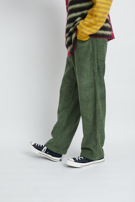 Green Corduroy Pants Outfit, Colourful Pants, Green Jeans Outfit, Corduroy Pants Outfit, Green Corduroy Pants, Straight Leg Cargo Pants, Ragged Jeans, Corduroy Pants Men, Knit Trousers