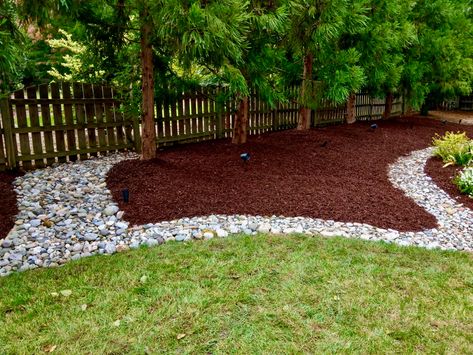 River Rock.. New Sod Installation... Designer Mulch Mulch To Rock Transition, Stone And Mulch Landscaping Ideas, Mulch And Rock Landscaping Ideas, River Rock And Mulch Landscaping, Rock And Mulch Landscaping, Bnb Ideas, Sod Installation, River Rock Garden, Mulch Landscaping